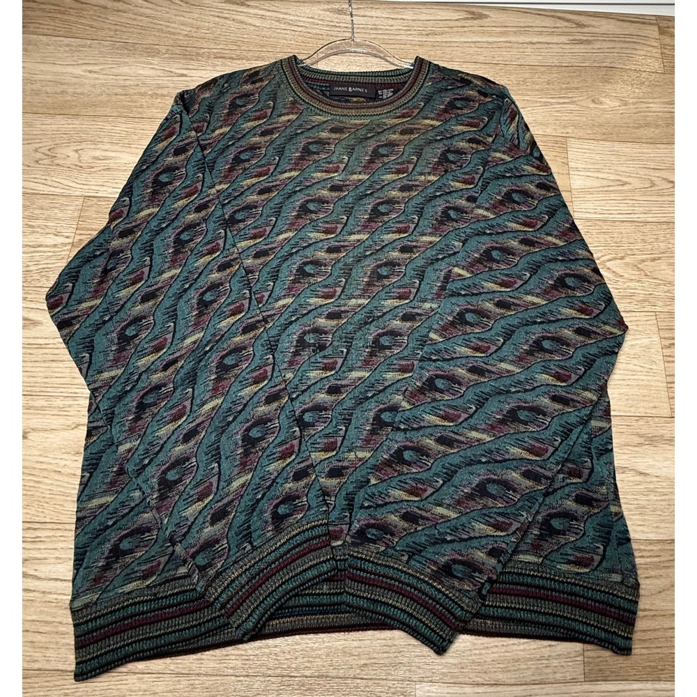 Jhane‎ Barnes Vintage Engineered Knit Sweater L Abstract Coogi Style Wool Blend